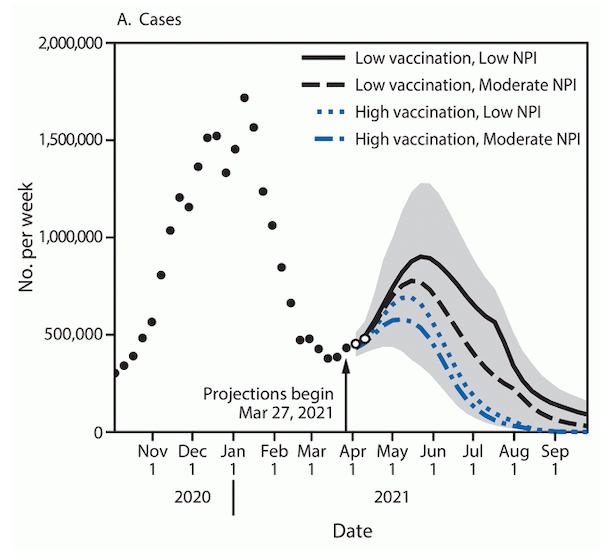 CDC model of coronavirus spread depending on vaccination rates and social distancing measures.