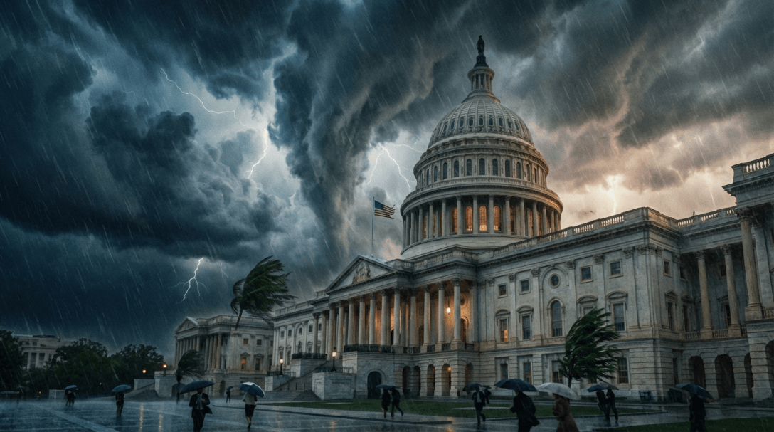 U.S. Capitol building under a dark sky with a tornado, lightning, and heavy rain.