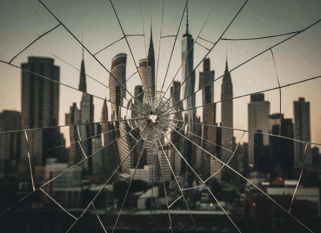 New York City skyline viewed through a spiderweb pattern of cracked glass.