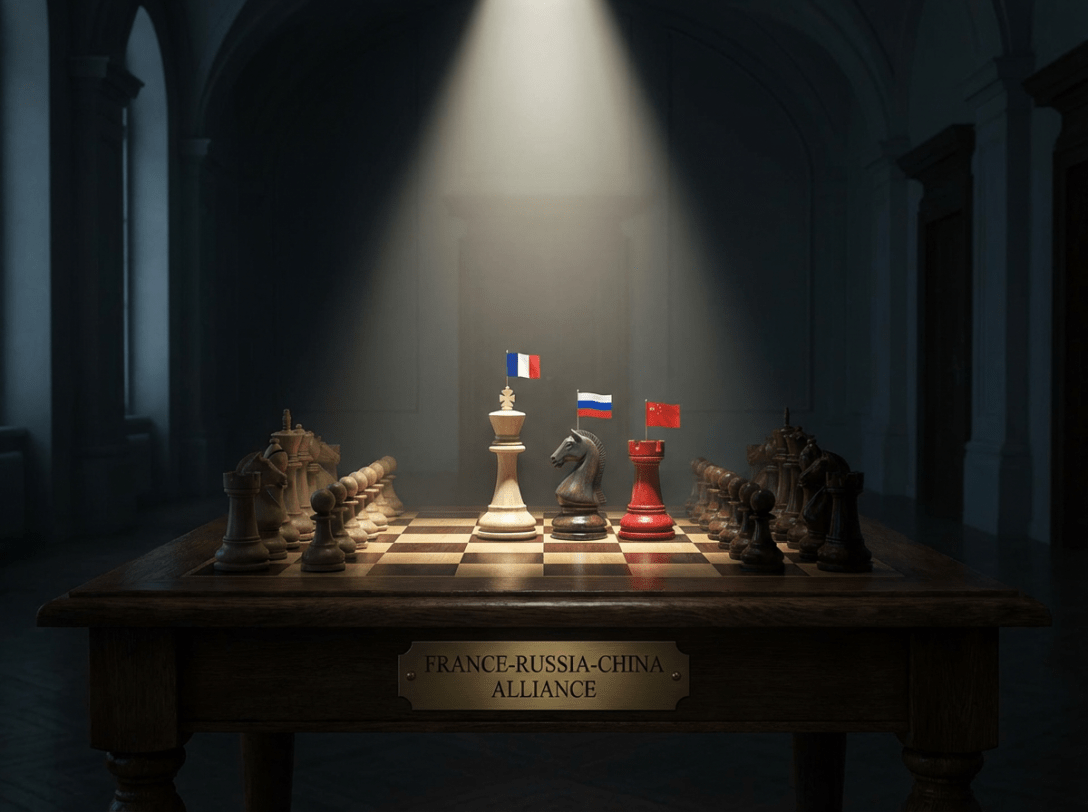 Chessboard with France, Russia, and China flags on pieces; plaque reads FRANCE-RUSSIA-CHINA ALLIANCE.