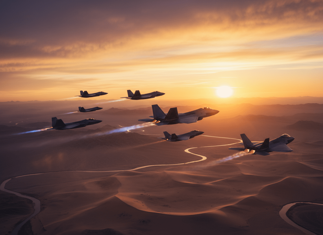 Eight fighter jets flying in formation over desert dunes at sunset