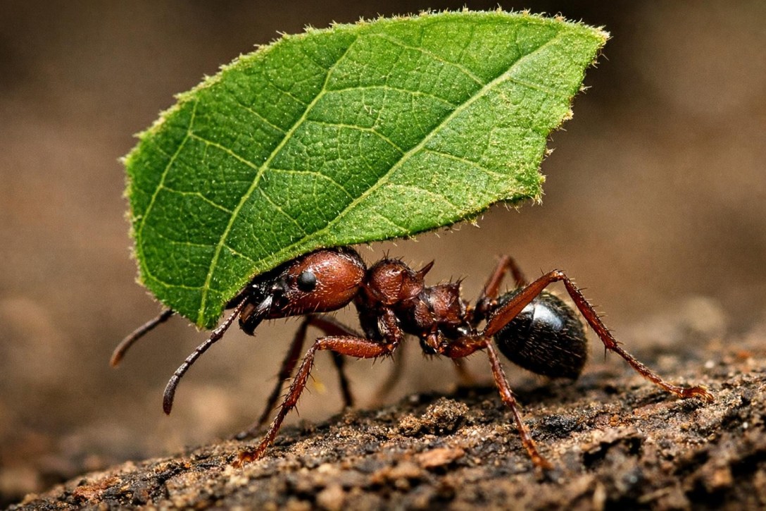 Ant carrying a green leaf on soil surface