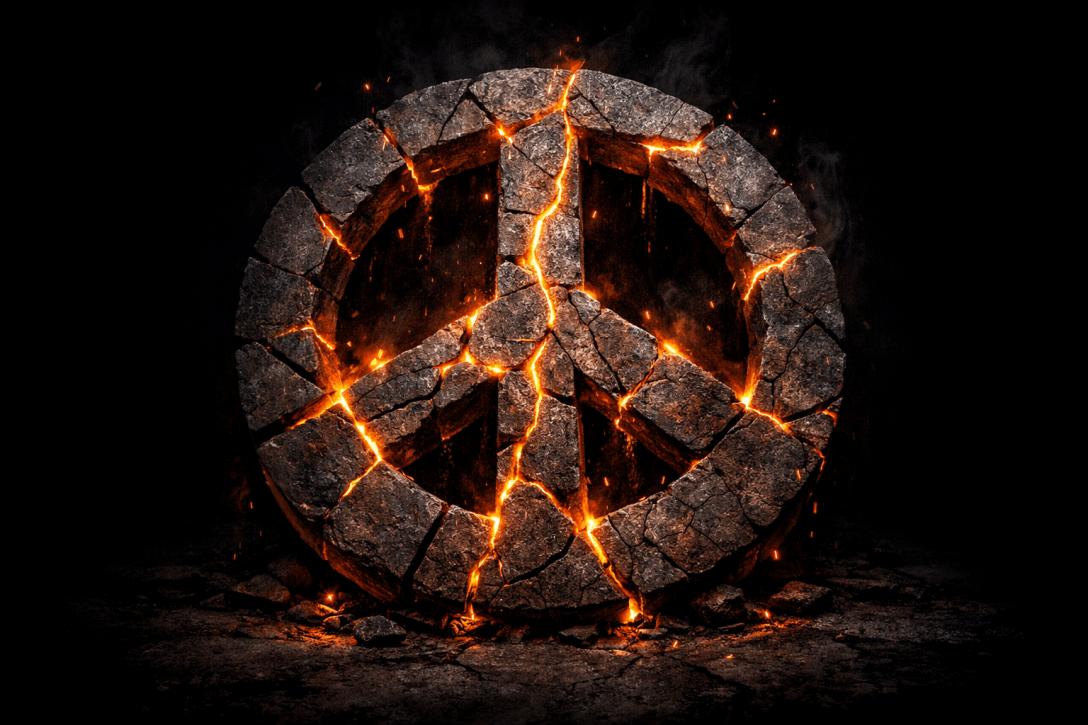 Peace symbol made of cracked stone with glowing fiery cracks