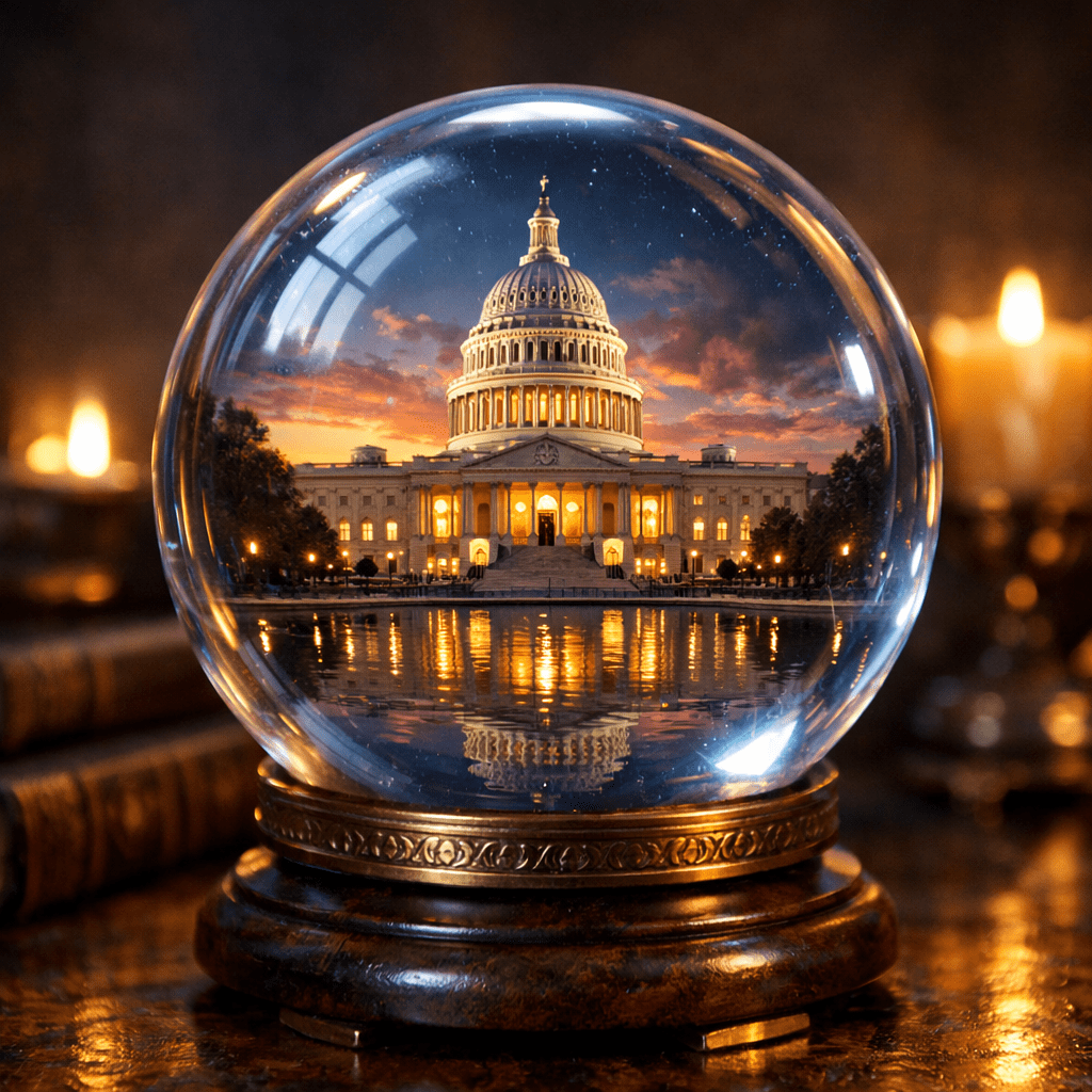 U.S. Capitol building at sunset reflected inside a glass snow globe on a wooden base.