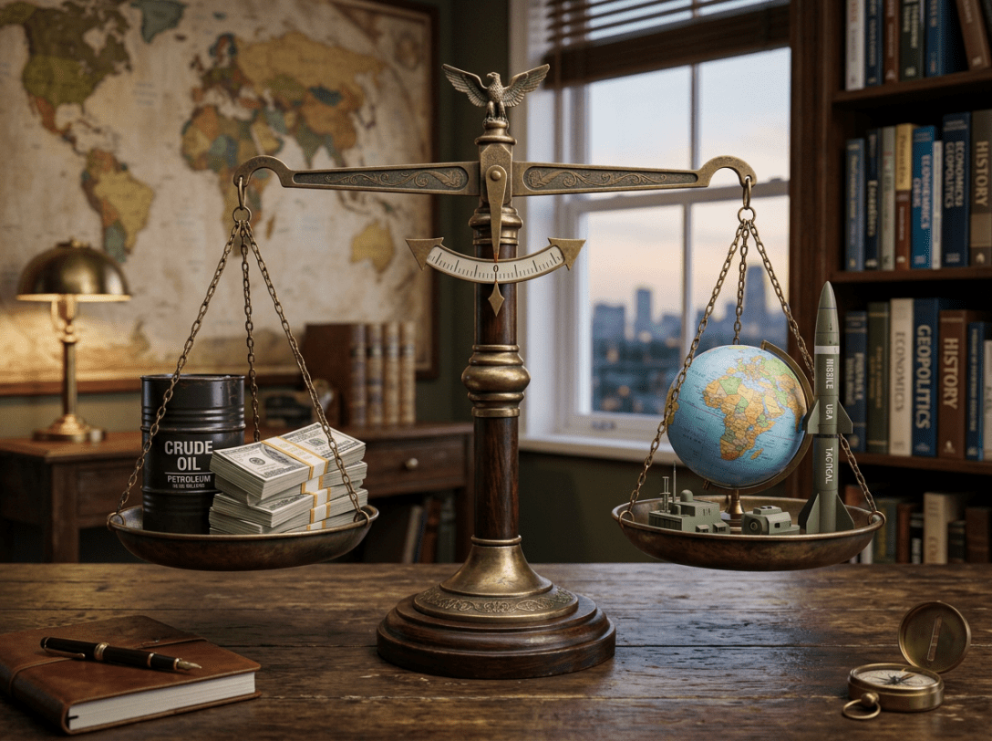 Balance scales with crude oil barrel and cash on one side, globe and missile on the other