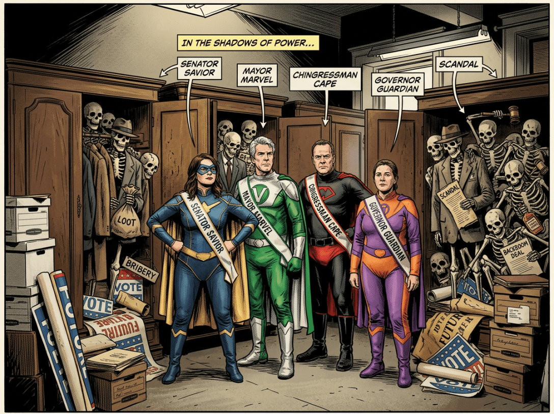 Four people in superhero costumes wearing campaign sashes standing in a room with skeletons and campaign signs