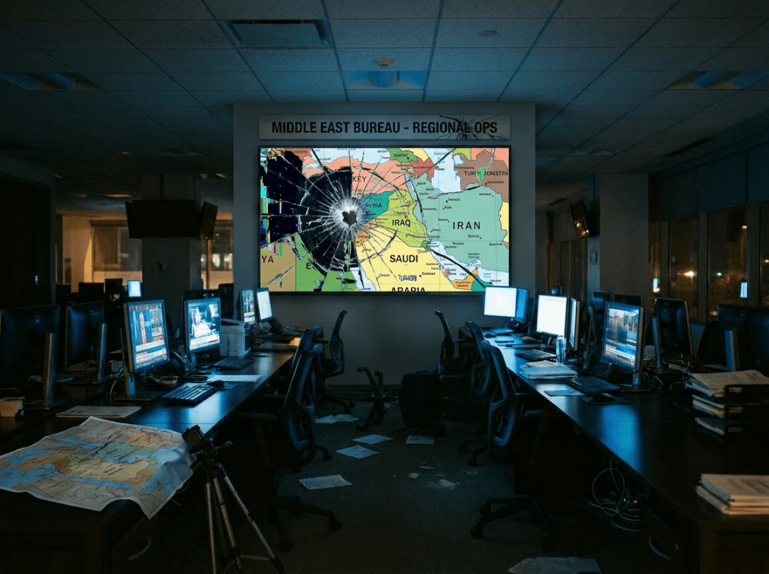 Operations room with cracked digital map of the Middle East showing countries and regions