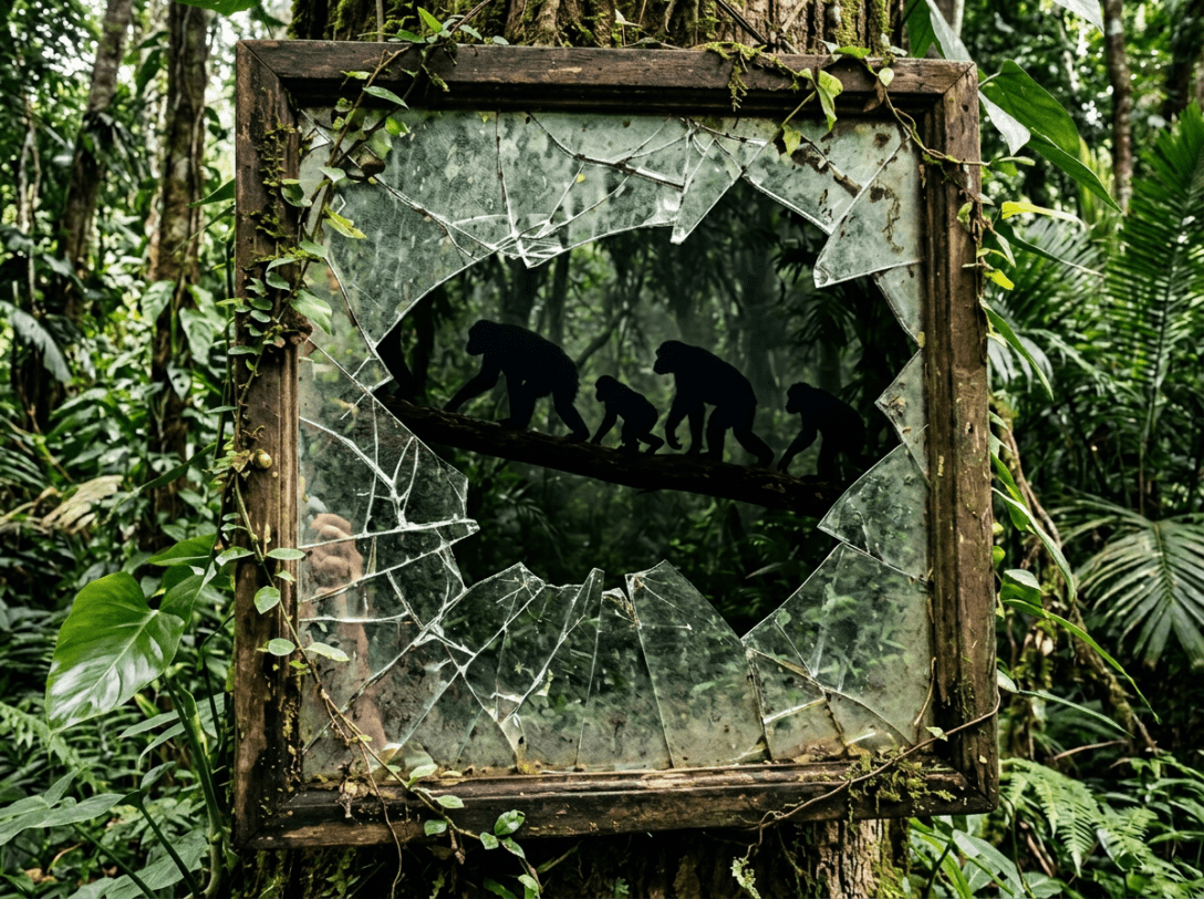 Shattered glass window on a tree with silhouettes of primates walking on a branch inside