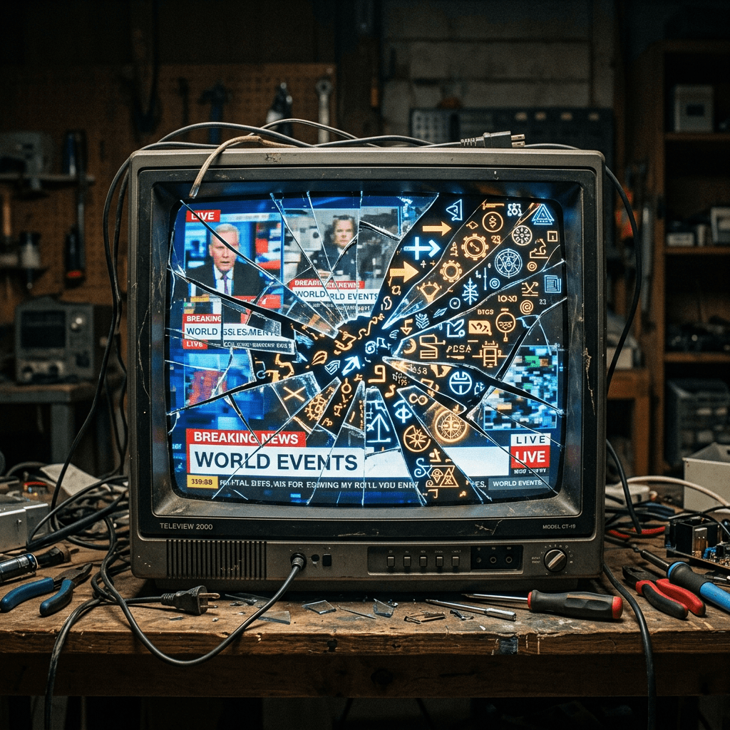 Old television with shattered screen showing news and mysterious glowing symbols