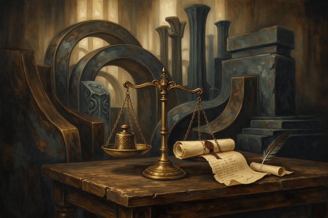 Brass balance scale with weights beside rolled scrolls and a quill