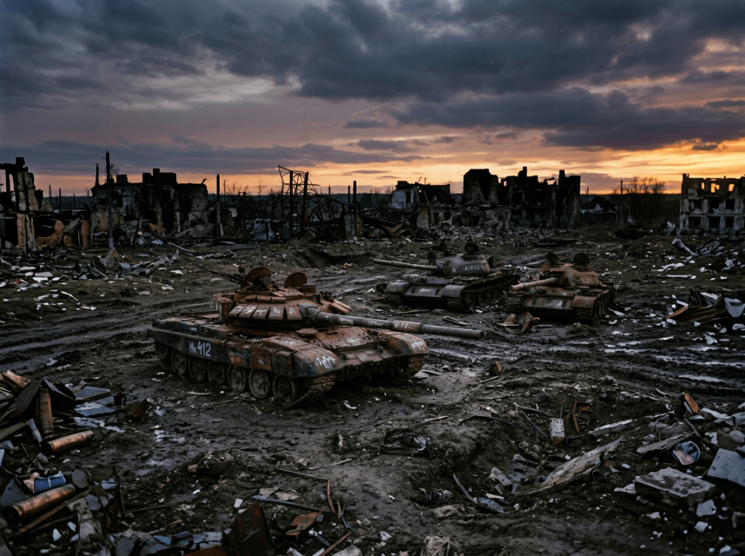 Three abandoned rusted tanks in muddy battlefield with destroyed buildings in the background at sunset