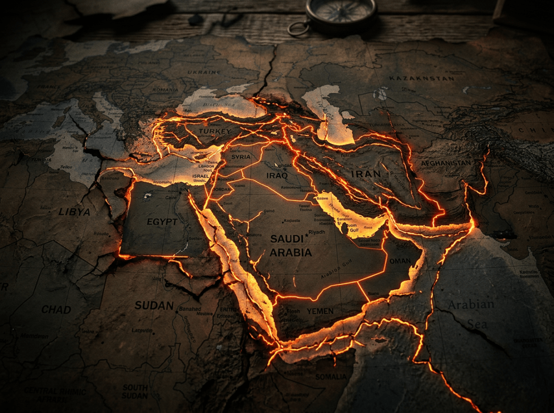 Map of Middle East with glowing tectonic plate boundaries outlining regions including Turkey, Iran, Saudi Arabia, Egypt, and surrounding countries