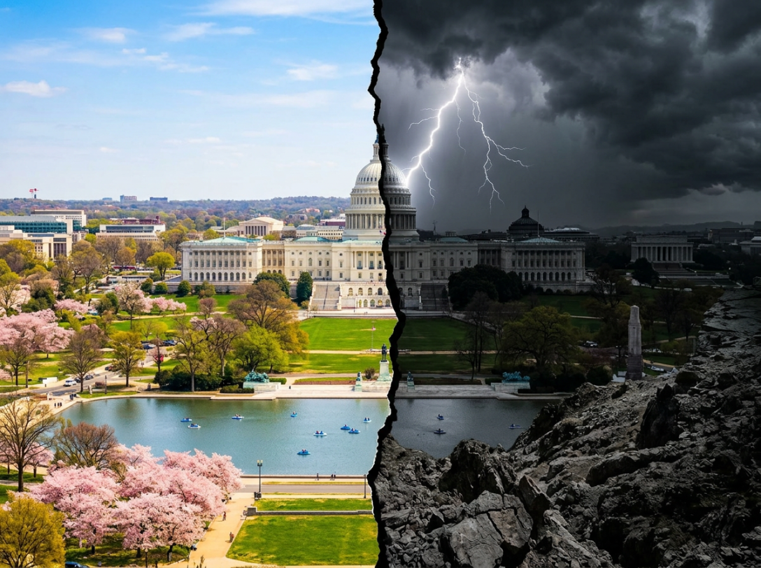 The U.S. Capitol building divided showing bright spring weather with green trees and water on one side and dark storm clouds, lightning, and rocky ground on the other