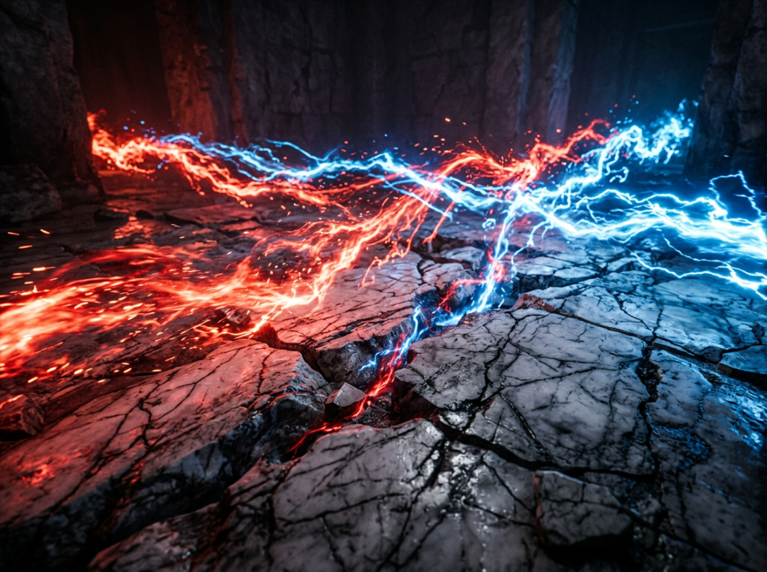 Red and blue electric energy streams crossing over cracked rocky terrain
