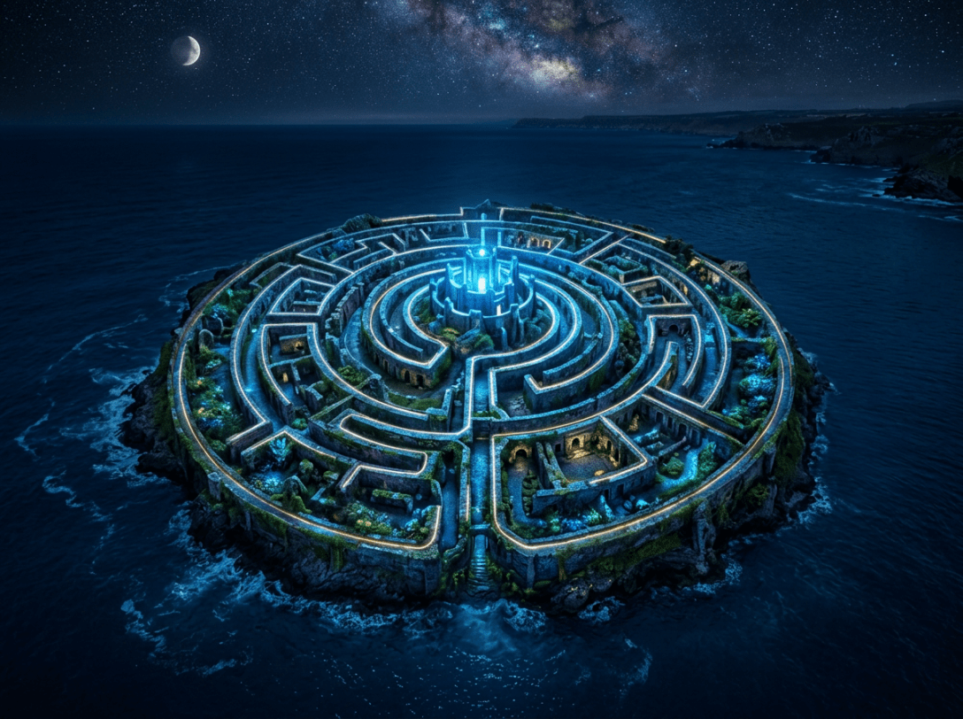 Circular stone maze lit with blue light on a rocky island at night