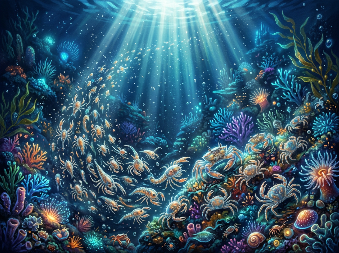 Underwater scene with migrating crabs and other small marine creatures among colorful coral reefs