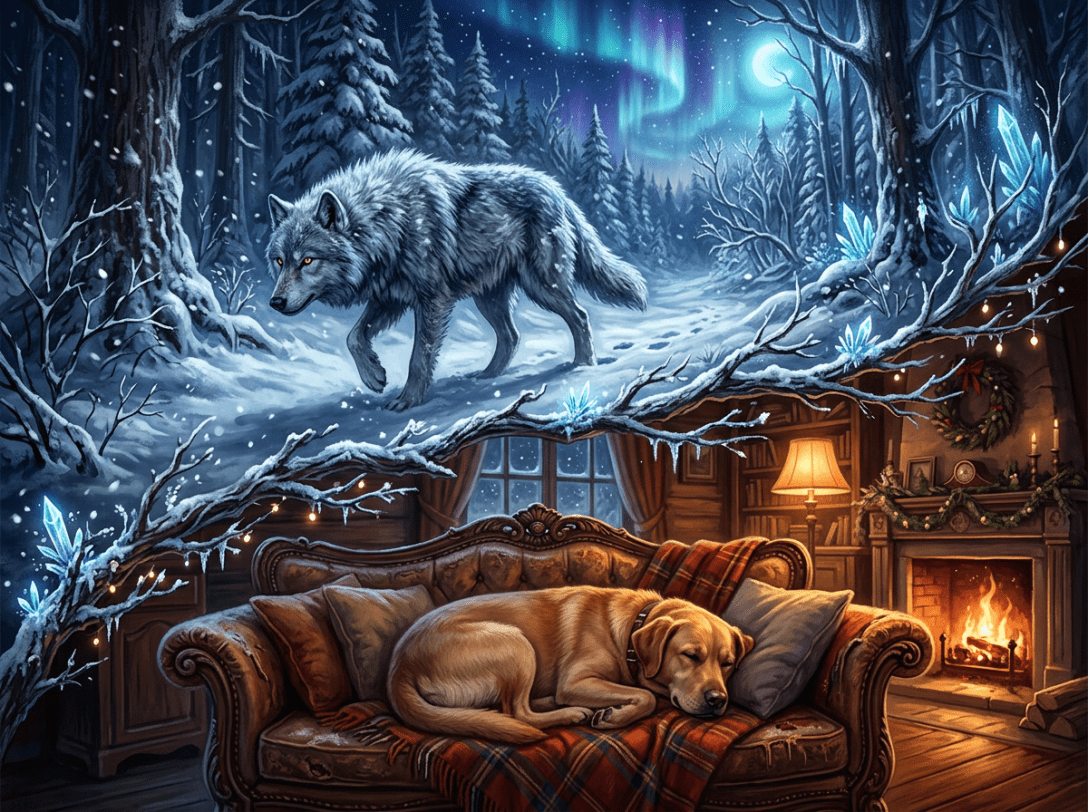Golden retriever sleeping on a plaid blanket-covered couch inside a warm cabin with a fireplace; a gray wolf walks in a snowy forest under northern lights outside.