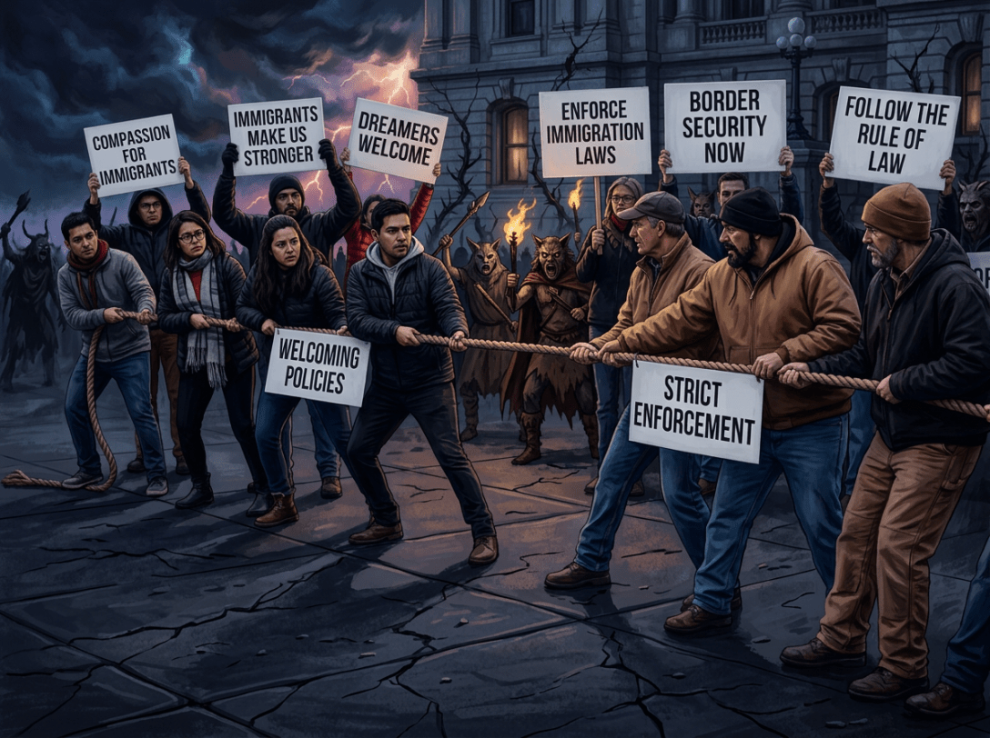 Two groups of people in a tug of war, one side holds signs supporting immigrant compassion and welcoming policies, the other calls for strict enforcement and border security