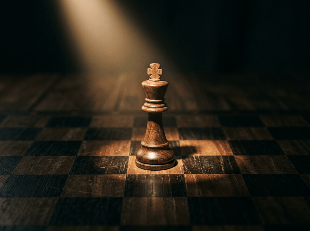 Wooden king chess piece on a chessboard under a focused light.