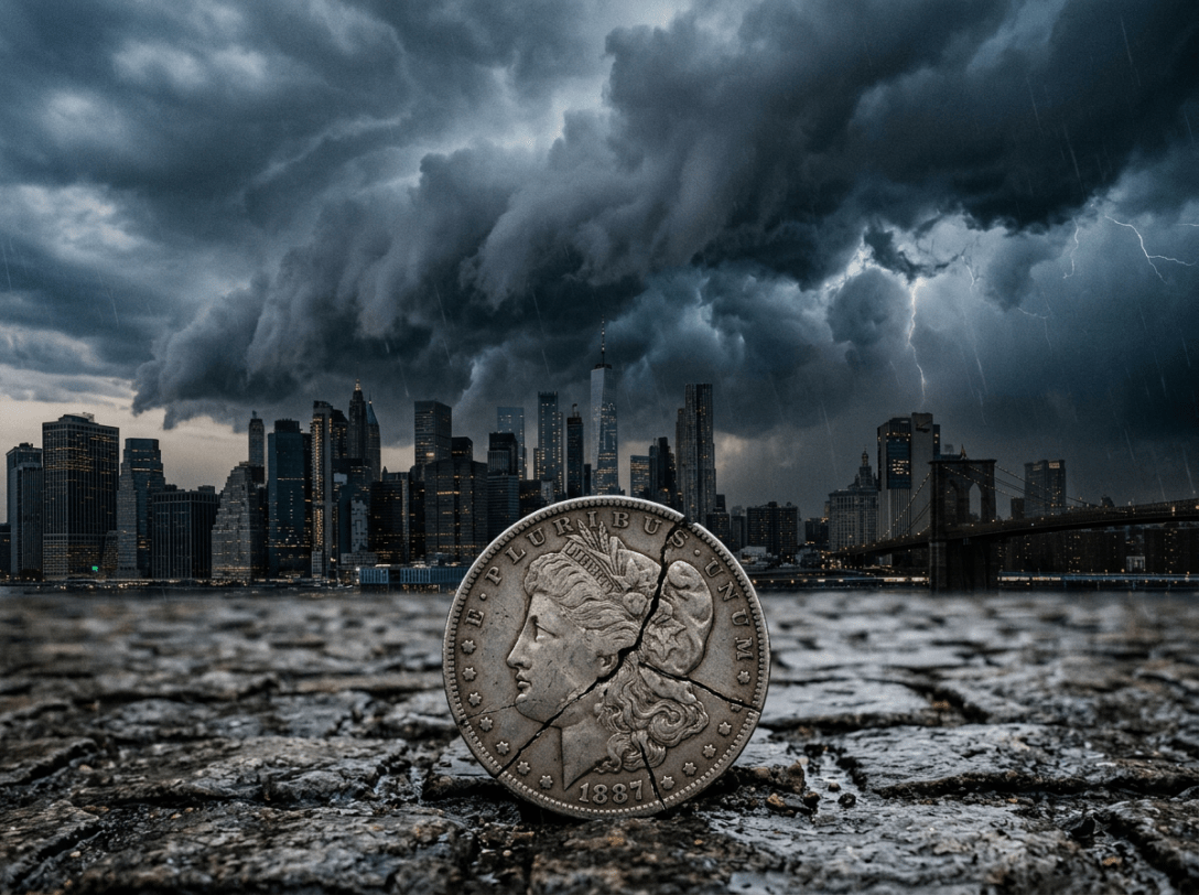 Cracked 1887 coin on cracked ground with stormy city skyline and lightning