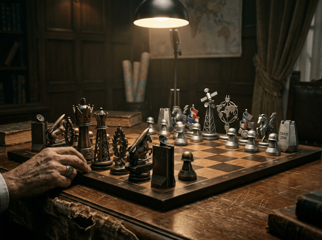 Chessboard with metal pieces representing geopolitical and trade concepts