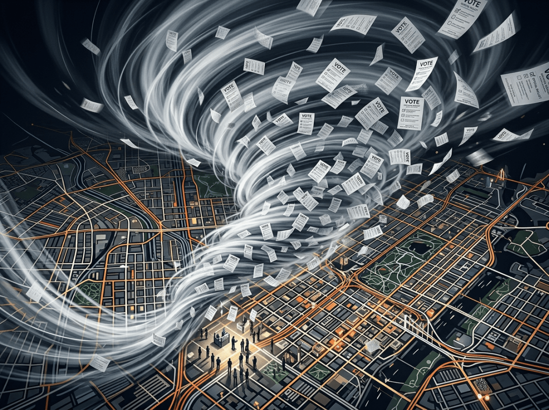 Voting ballots swirling in a tornado over a detailed city street map