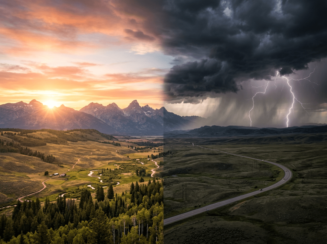 Mountain landscape with sunrise on left and thunderstorm with lightning on right