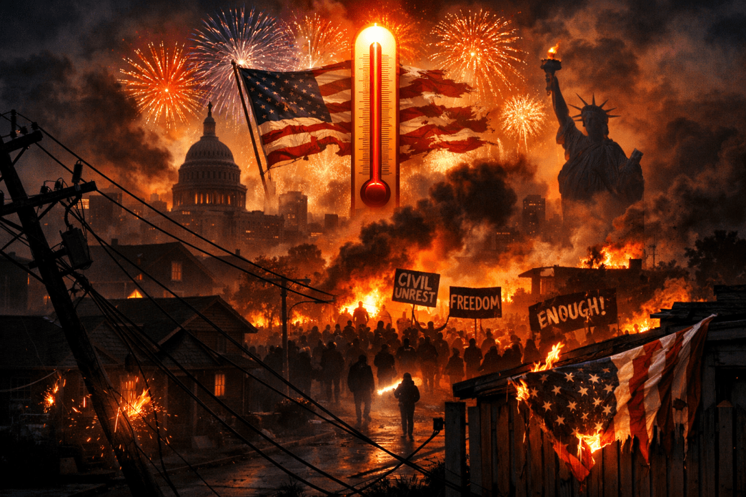 Crowd of protesters with signs 'Civil unrest', 'Freedom', and 'Enough!' in a burning cityscape with US landmarks and flags