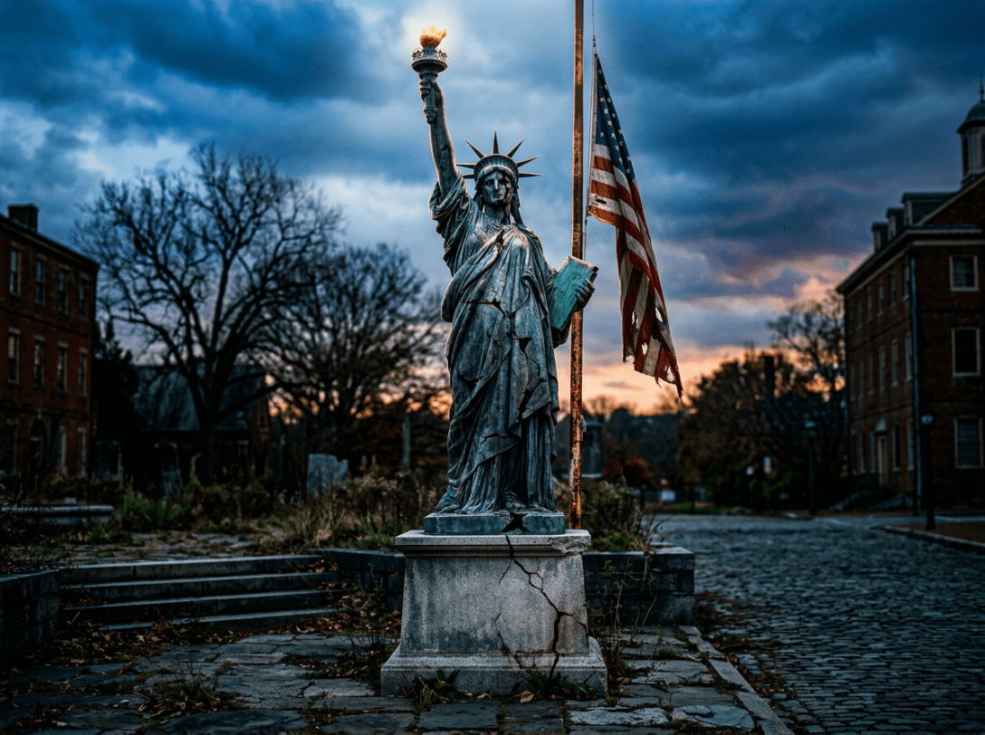 Statue of Liberty replica on pedestal with inscription honoring fallen heroes under dark cloudy sky