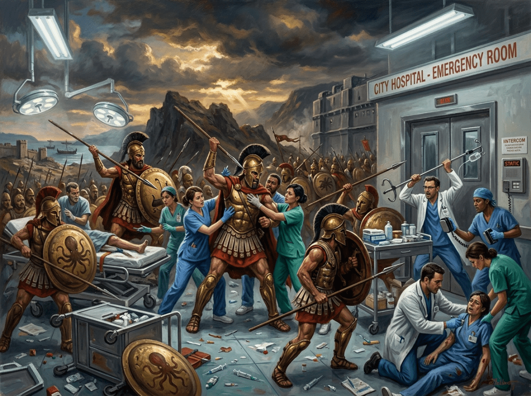 Ancient warriors in armor fighting with spears and axes outside a fortress