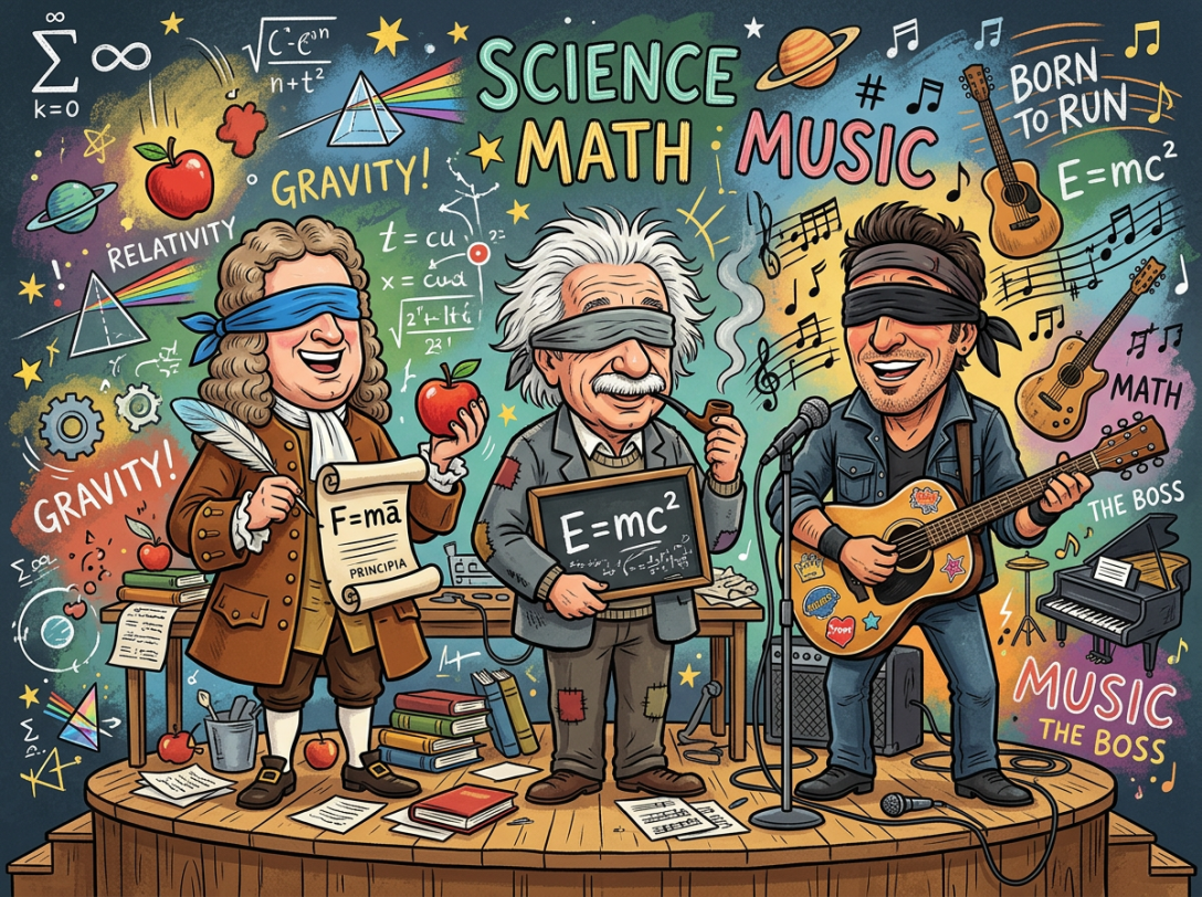 Three blindfolded figures representing science, math, and music with symbols and formulas