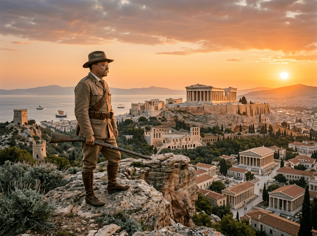 Soldier in early 20th century military uniform holding a rifle, standing on a rocky outcrop overlooking Athens with the Acropolis and Parthenon at sunset.