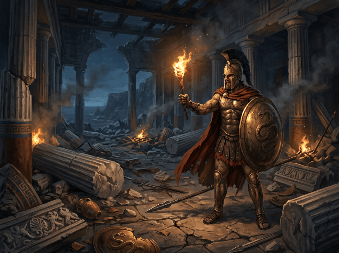 Greek warrior with helmet, shield, and spear holding a torch in a ruined ancient temple