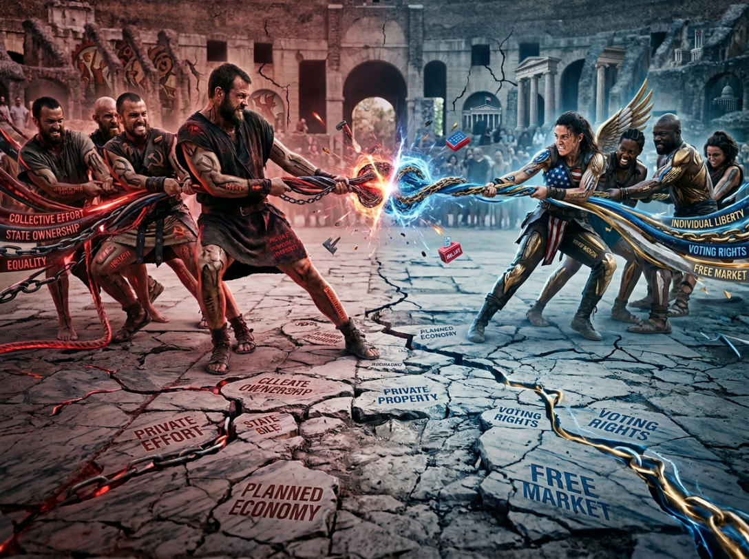 Two teams of muscular people competing in a tug of war in a historic stone arena