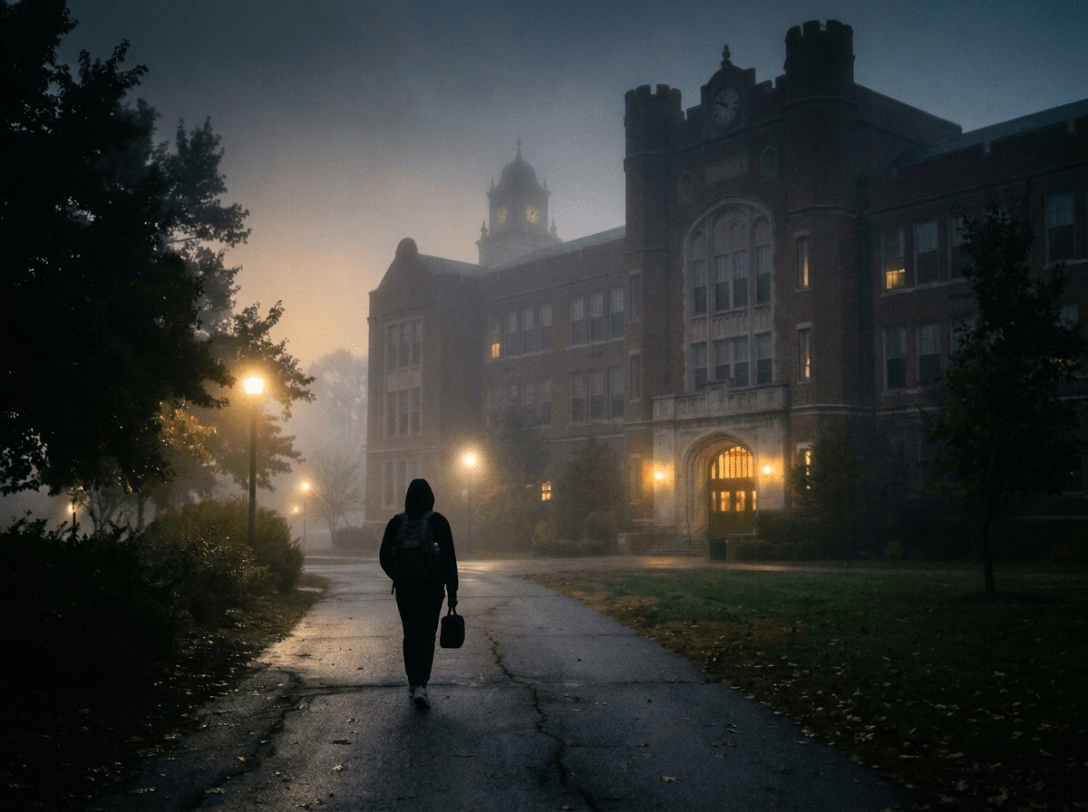 Student walking on wet path at night toward illuminated university building in fog