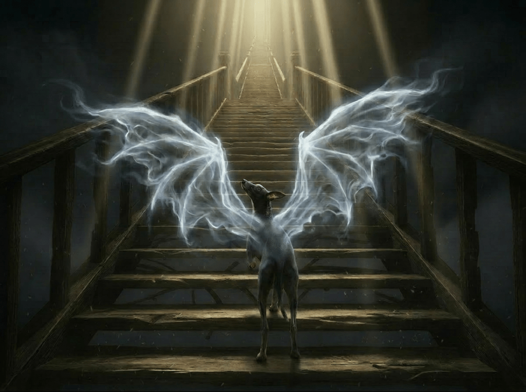 Rosie the Three-legged Dragon Confronts the Stairs