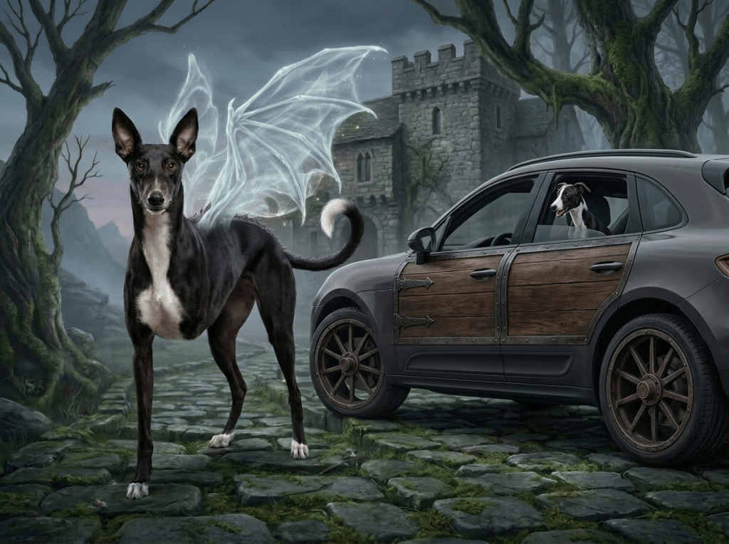 Rosie the Three-legged Dragon Prepares to Board the Car
