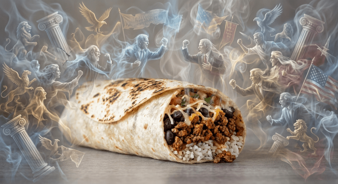 Burrito with ground beef, rice, black beans, cheese, and salsa with steam rising