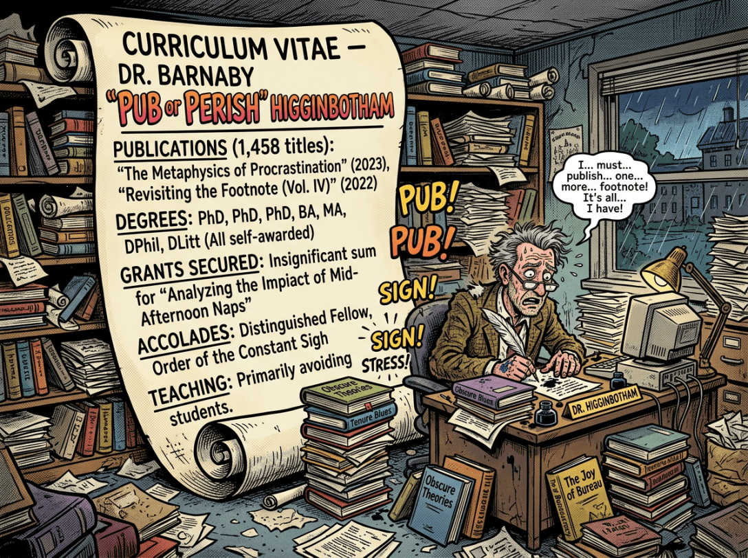 Satirical curriculum vitae for Dr. Barnaby “Pub or Perish” Higginbotham listing publications, degrees, grants, accolades, and teaching; a stressed scholar sits at a desk surrounded by books.