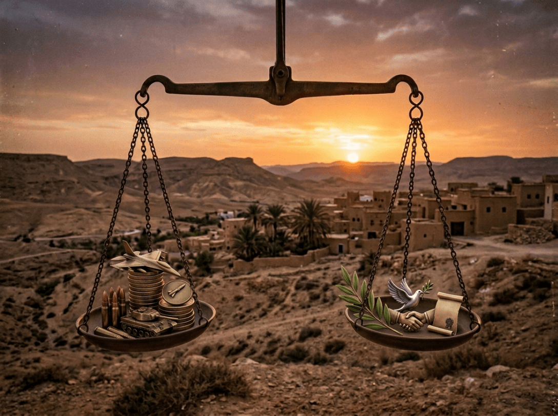 Balance scale with coins and stones overlooking a desert oasis at sunset