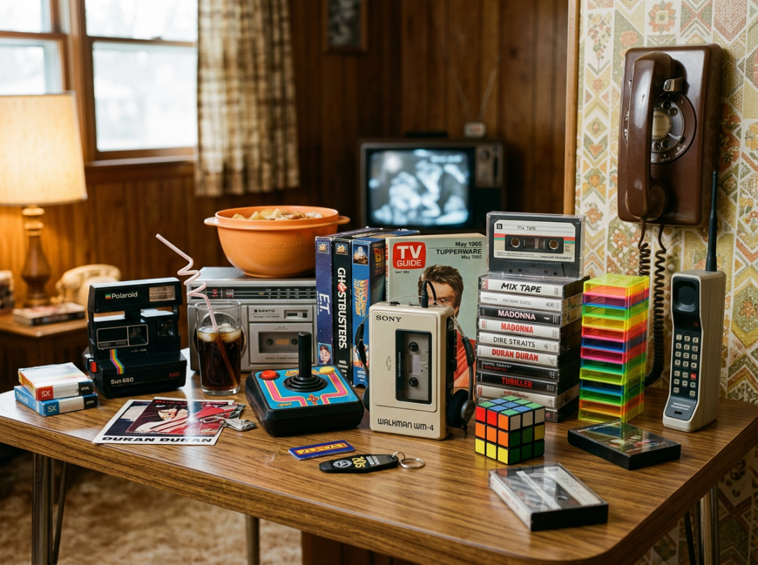 Retro 1980s gadgets, cassette tapes, games, and memorabilia on a table