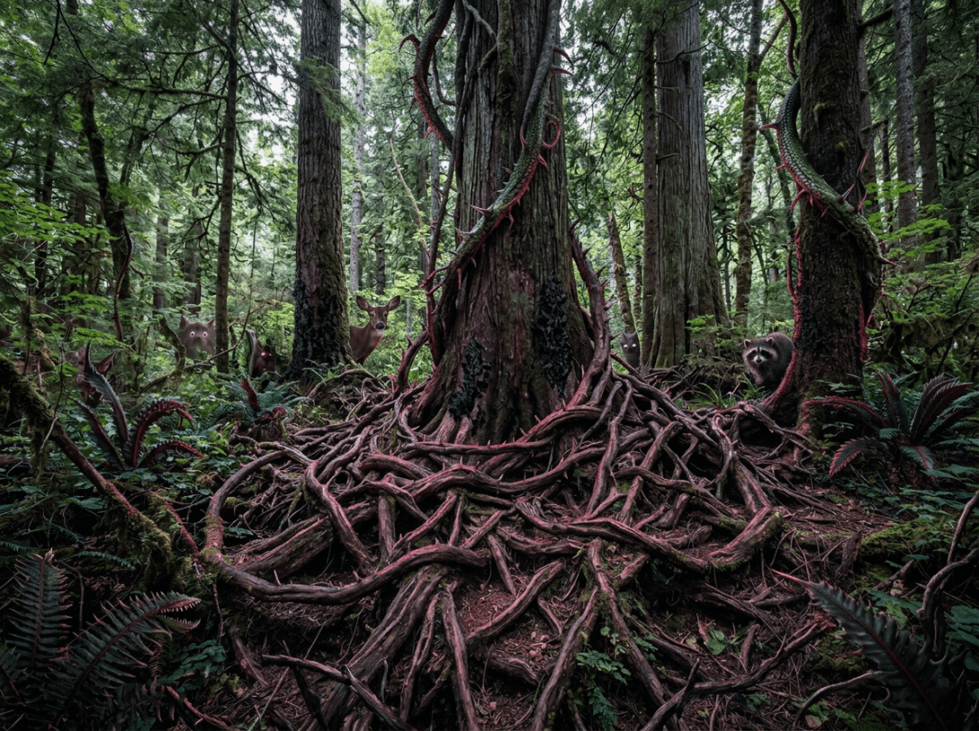 Large tree with exposed tangled roots in a dense green forest