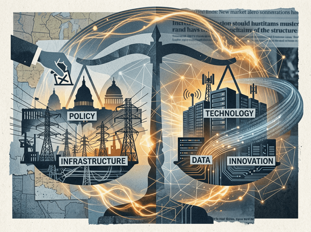 Illustration connecting POLICY, INFRASTRUCTURE, TECHNOLOGY, DATA, and INNOVATION through balanced scales