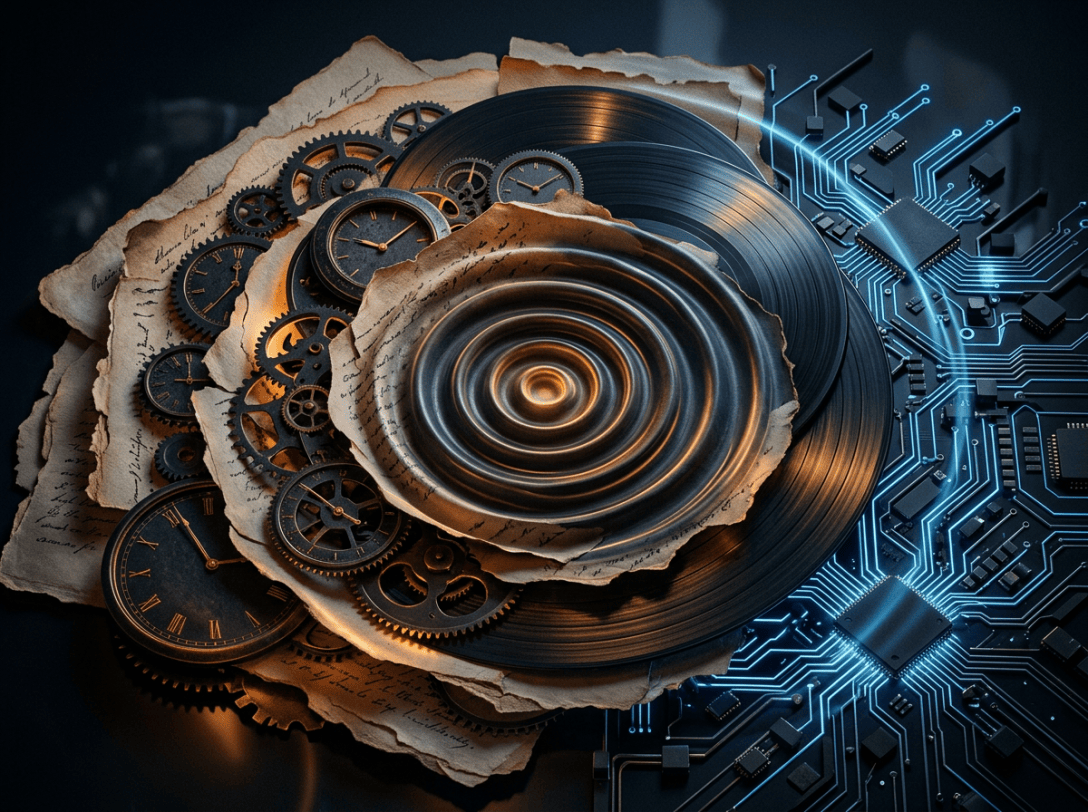 Vintage clocks and gears layered with records and papers beside a glowing circuit board