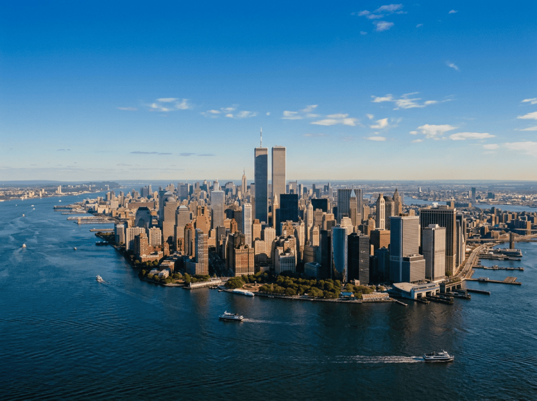Aerial view of Lower Manhattan with the Twin Towers at sunset
