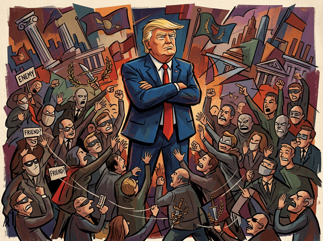 Caricature of Donald Trump surrounded by opposing crowds holding “ENEMY!” and “FRIEND?” signs
