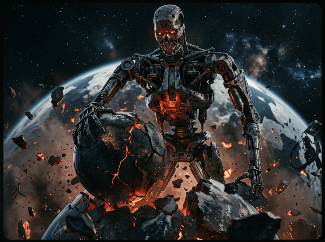 Red-eyed humanoid robot standing amid exploding debris above Earth