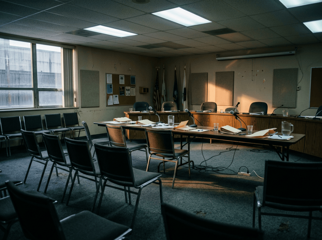 Empty meeting room with microphones, documents, chairs, and flags
