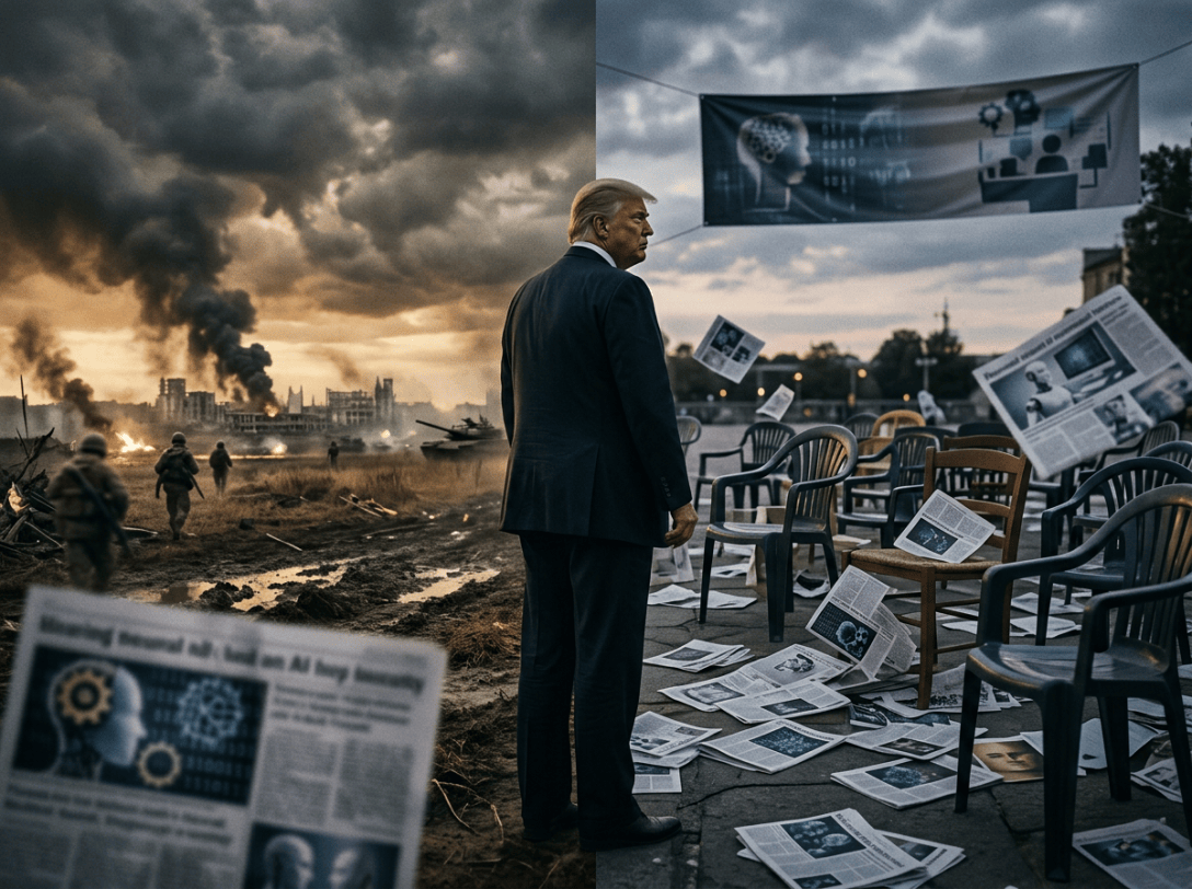 Split war and AI debate scene with Trump