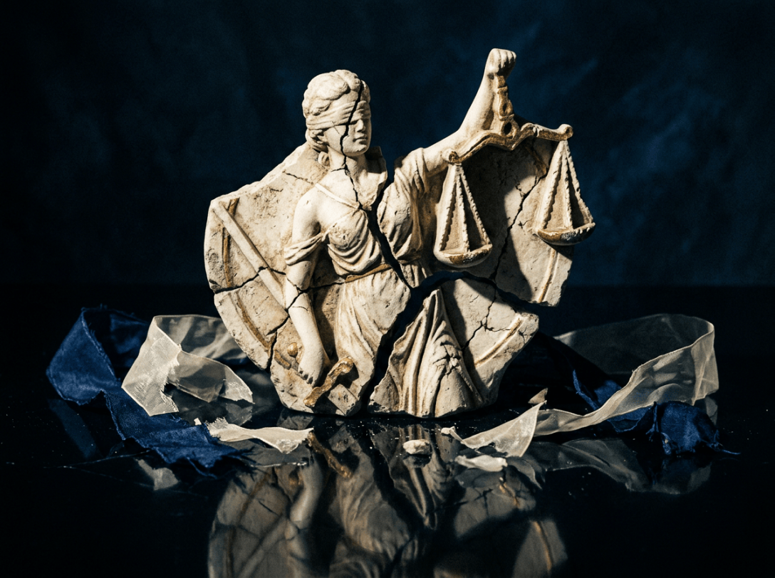 Cracked Lady Justice statue holding scales and sword amid scattered fragments